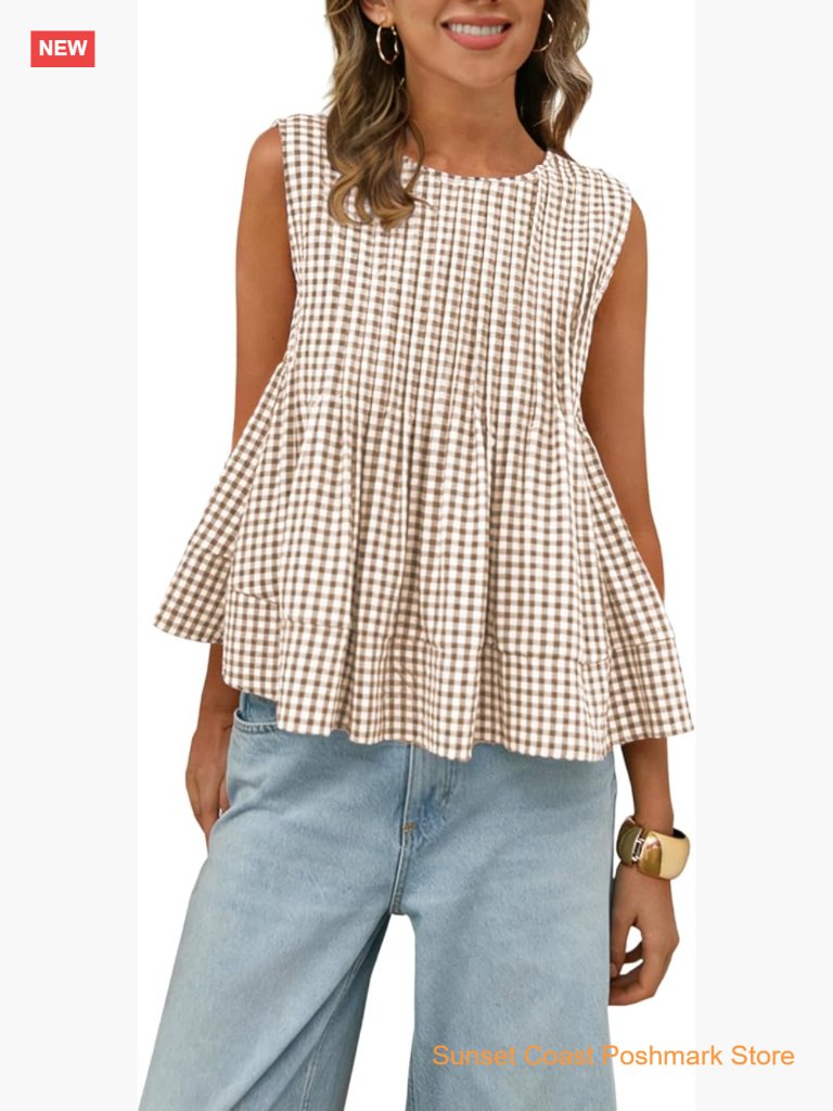 Gingham Pleated Peplum Tank Top Crew Neck Sleeveless Blouse Babydoll Tshirt